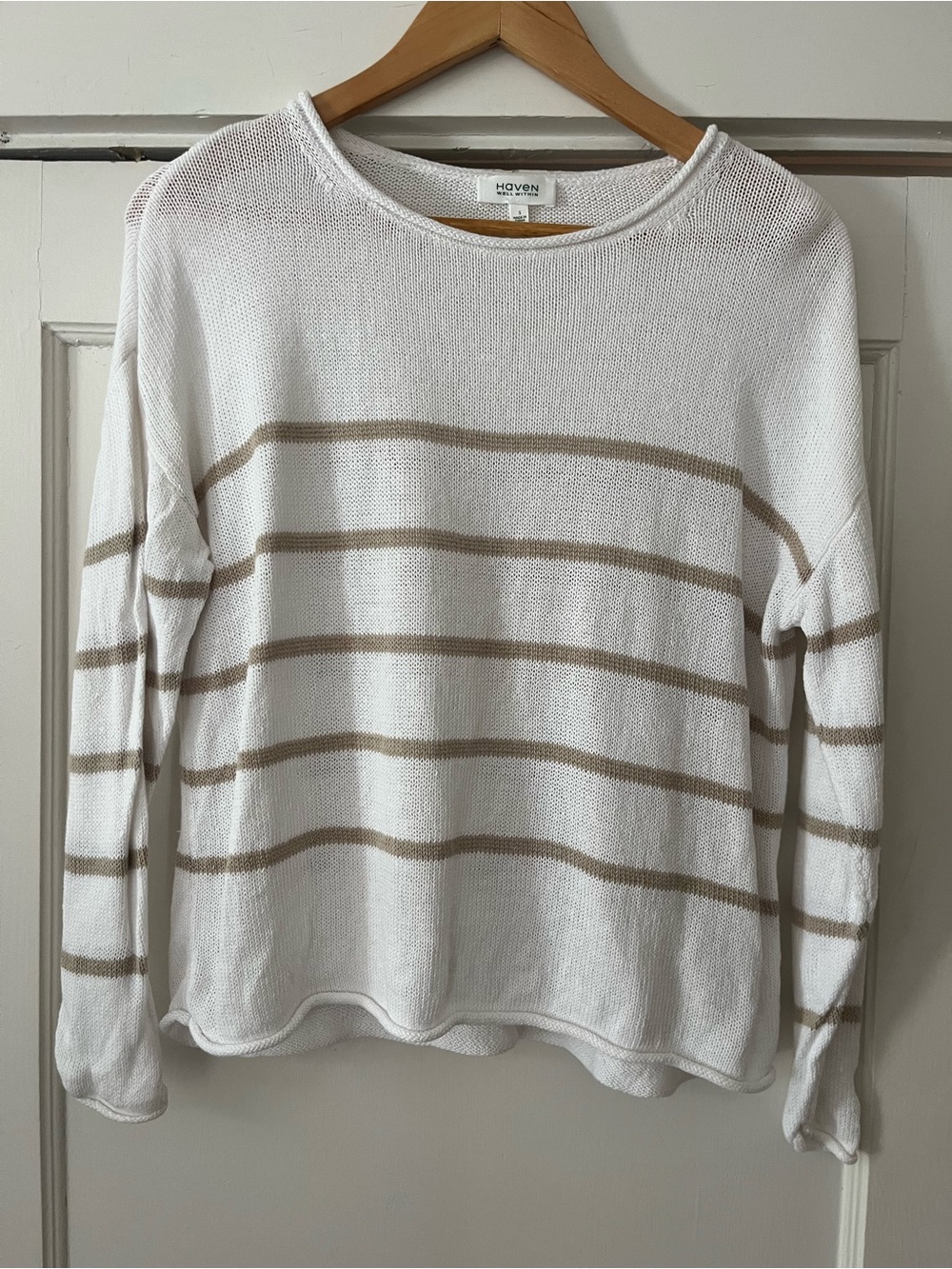 Haven White Crewneck Linen-blend Sweater with Tan Stripes